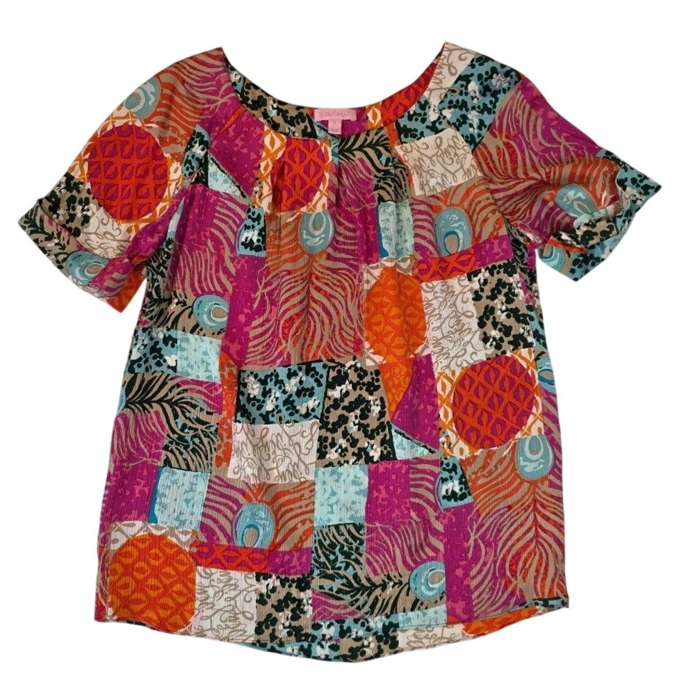 Lilly Pulitzer Size 8 Keating 100% Silk Blouse Multicolor Patchwork Animal Print